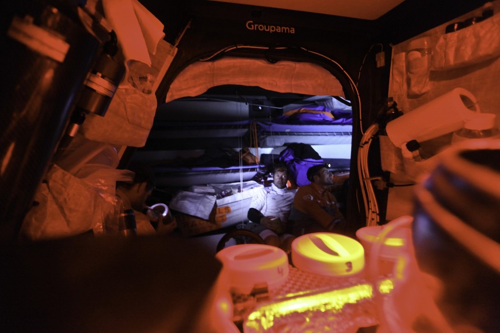 Below decks with Groupama Sailing Team during leg 1 of the Volvo Ocean Race 2011-12, from Alicante, Spain to Cape Town, South Africa. © Yann Riou/Groupama Sailing Team /Volvo Ocean Race http://www.cammas-groupama.com/